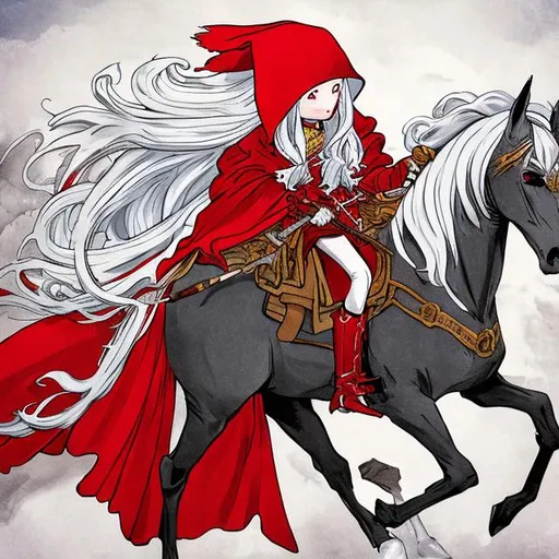 Prompt: an young girl in the redhat and redcoat sits on the black horse. Girl has white hair and red eyes. use professional  anime style
