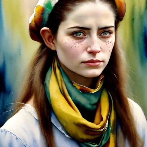Prompt: A painter painting a watercolor portrait of a beautiful woman's face. The woman is sad, tears drop from one eye. The full head and hair is shown. The woman wears a pale yellow striped scarf. On her head wears a chequered pale green bandana. Masterpiece, precise brush strokes, use mainly primary colors, dark background. Elf ears, very long incisive teeths. Thomas Kincade style.