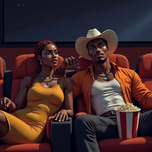 Prompt: A private luxury movie theater. A curvy Black woman with braided red hair, wearing a sleek gold dress, sits reclined in a plush seat, leaning toward @TRzJfEbYXKjmZAhFV8fB . He’s watching the screen while she watches him. A bucket of popcorn untouched. The light from the screen flickers across their faces.