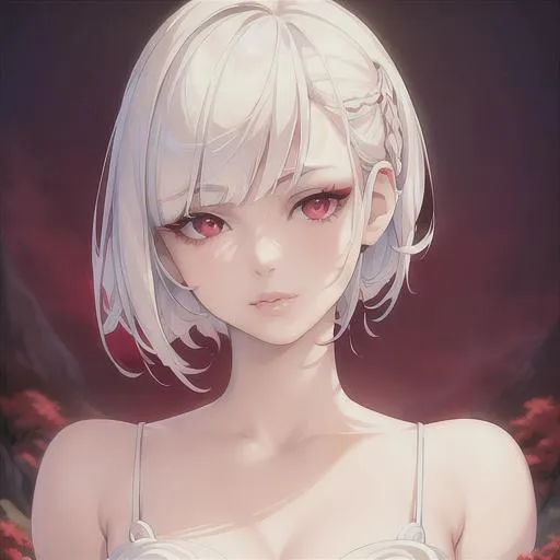 Prompt: (masterpiece, illustration, best quality:1.2), pixie cut hairstyle, white hair, angelic like red eyes, Japanese style nightgown, best quality face, best quality, best quality skin, best quality eyes, best quality lips, ultra-detailed eyes, ultra-detailed hair, ultra-detailed, illustration, colorful, soft glow, 1 girl