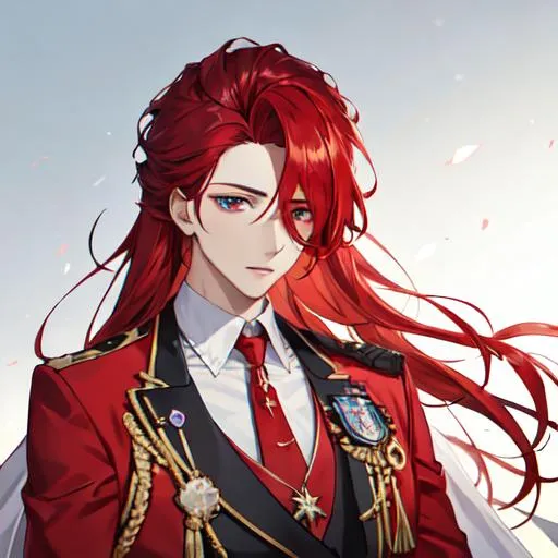 Prompt: Zerif 1male (Red side-swept hair covering his right eye) wearing a royal suit, white shawl, 