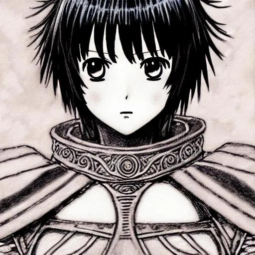 Prompt: anime portrait of Casca from Berserk wearing armor, anime eyes, blushing, beautiful intricate black hair, shimmer in the air, hyper-realistic, beautiful, beautiful wavy hair, symmetrical, smiling, kind, bloom and blush, DeviantArt, extremely detailed eyes, in Berserk manga style, concept art, SFM style model, digital painting, looking into camera, square image, Kentaro Miura