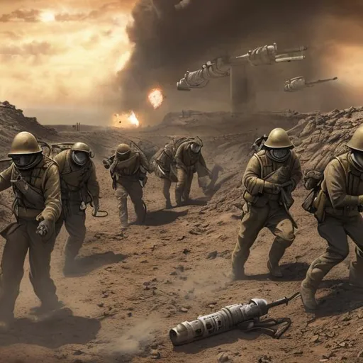 Prompt: trench warfare, scifi, realistic, gas attack, charge, desert