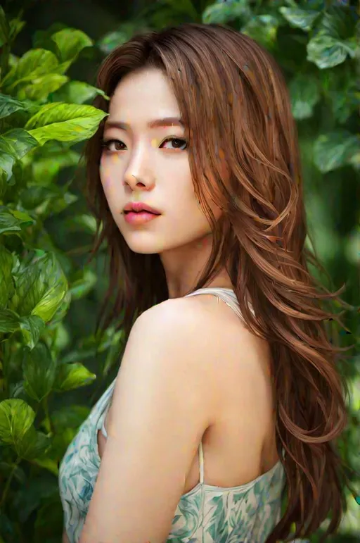 Prompt: a beautiful japanese woman, light Summer clothes, open shoulder length fawn hair, plants background, 8k, HDR, best quality, ultra-detailed, Intricate details, details lips, details hair, detail body, looking at viewer, shadow, Light reflection on the skin, wet skin, Masterpiece, skinny, natural lighting realistic,