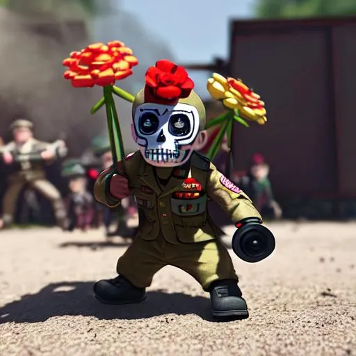 Prompt: photo realistic day of the dead toys fighting in world war 2, realistic, Cinematic, Photoshoot, Shot on 25mm lens, Depth of Field, DOF, Tilt Blur, Shutter Speed 1/1000, F/22, White Balance, 32k, Super-Resolution, Megapixel, Pro Photo RGB, VR, Half rear Lighting, Backlight, Dramatic Lighting, Incandescent, Optical Fiber, Moody Lighting, Cinematic Lighting, Studio Lighting, Soft Lighting, Volumetric, Conte-Jour, Beautiful Lighting, Accent Lighting, Global Illumination, Screen Space Global Illumination, Ray Tracing Global Illumination, Optics, Scattering, Glowing, Shadows, Rough, Shimmering, Ray Tracing Reflections, Lumen Reflections, Screen Space Reflections, Diffraction Grading, Chromatic Aberration, GB Displacement, Scan Lines, Ray Traced, ray Tracing Ambient Occlusion, Anti-Aliasing, FKAA, TXAA, RTX, SSAO, Shaders, OpenGL-Shaders, GLSL-Shaders, Post Processing, Post-Production, Cell Shading, Tone Mapping, CGI, VFX, SFX, insanely detailed and intricate, hyper maximalist, elegant, super detailed, dynamic pose, photography, volumetric, ultra-detailed, intricate details, 8K, super detailed, ambient --uplight