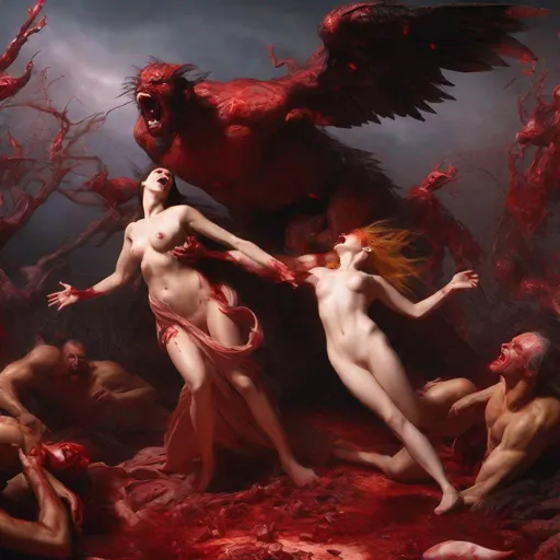 Prompt: Violent sadistic biblical concept art of Adam strangling Eve in front of Lilith horrifying terrifying vibrant bloody intense image. Everything is perfectly to scale. HD, 8k, UHD, High Resolution Award winning
