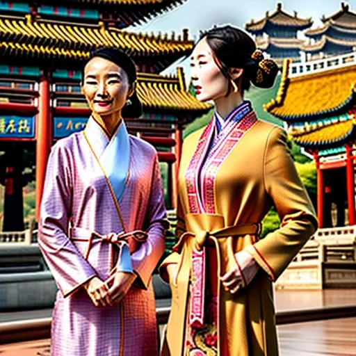 Prompt: An Asian woman is wearing a necktie with traditional Chinese garb. The woman is wearing overcoat robe that looks similar to a business suit. The woman looks like a terra cotta warrior in Hanfu. The woman is wearing a mix of a business suit and East Asian attire, the person is wearing a fancy sun hat, the person is surrounded by Chinese domed buildings, landscape, realistic, photograph