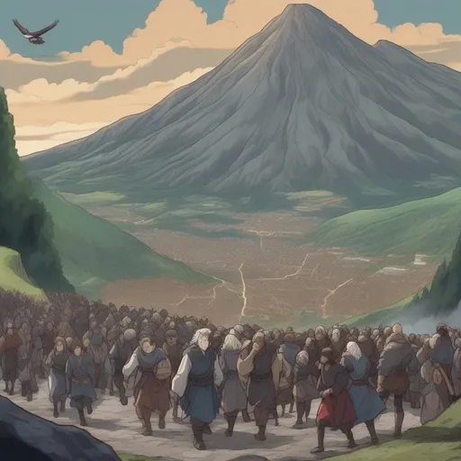 Prompt: People evacuate from the mountain to esacpe from eruption (eagle view) (Colored Anime Style) (Medieval age)