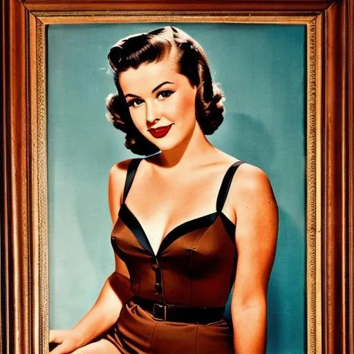 Prompt: Portrait of a 1940's pin-up model with brown hair and dark eyes
