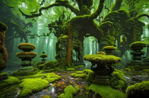 Prompt: Moss covered statues, eyes, widescreen ratio 16:9, 8k, front, full body, Epic action pose, epic Instagram, solar, psychedelic, fog, dusk, Twilight, hyperdetailed, intricately detailed, hyper-realistic, fantastical, intricate detail, WIDESCREEN, complementary colors, concept art, masterpiece, NEON oil painting, heavy strokes, splash arts, Wide Angle, Perspective, Double-Exposure, Light, NEON BLACK Background, Ultra-HD, Super-Resolution, Massive Scale, Perfectionism, Soft Lighting, Ray Tracing Global Illumination, Translucidluminescence, Crystalline, Lumen Reflections, in a symbolic and meaningful style, symmetrical, high quality, high detail, masterpiece, intricate facial detail, intricate quality, intricate eye detail, highly detailed, highly detailed face, Very detailed, high resolution