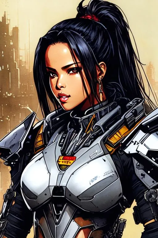 Prompt: (((Yoji Shinkawa))), sticker of ultra detailed portrait of Aaliyah Dana Haughton in black mech armor,  high quality cell shaded illustration in post apocalyptic style by Yoji Shinkawa, ((full body)), dynamic pose, perfect anatomy, centered, freedom, soul, black long hair, approach to perfection, cell shading, 4k , cinematic dramatic atmosphere, watercolor painting, global illumination, detailed and intricate environment, artstation, concept art, fluid and sharp focus, volumetric lighting, cinematic lighting, Art by Yoji Shinkawa,