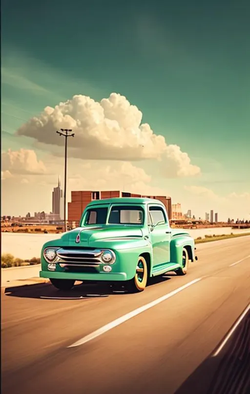 Prompt: A 1949 Ford F-100 Panel Van driving away from a vintage American city skyline. Dramatic sky and clouds.