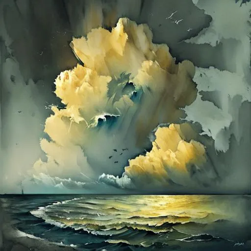Prompt: Cresent island in the sea surrounded by a storm