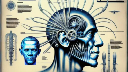 Prompt: technical drawing blueprint Futurism art style infographics exploded view of  biomechanical head of barack Obama  by hr giger combined with Zdzislaw Beksinski and Ed Binkley, retro, infographics, marginalia, detailed exploded view, 1950's popular mechanics poster, retrofuturistic
