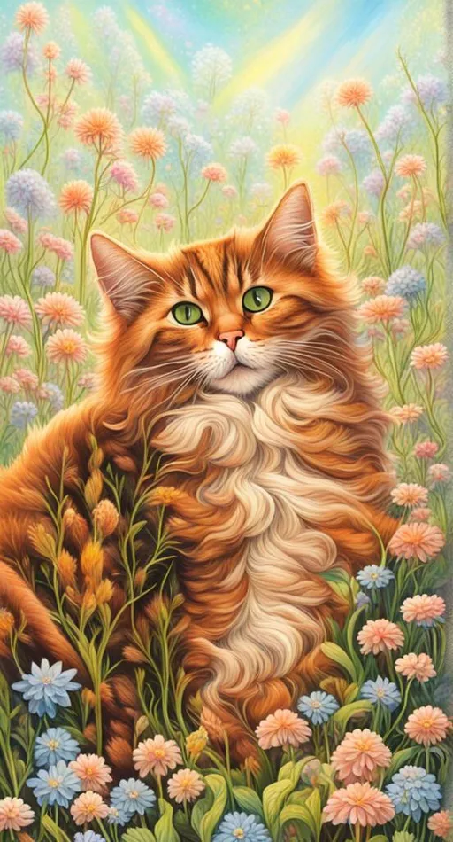 Prompt: gorgeous black and white cat, gorgeous tan tabby cat, laying in a field of catnip, highly detailed, glowing hairs, afternoon sunrays, fish floating everywhere, background of dancing glowing colorful flowers, enchanted glowing forest