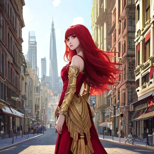 Prompt: Jisoo, girl, red hair, gold eyes, full body, married dresses, city with buildings, high resolution, realistic art, ultra detailed face, concept art, high quality, detailed, best quality 8kconcept art, matte painting, HQ, 4k