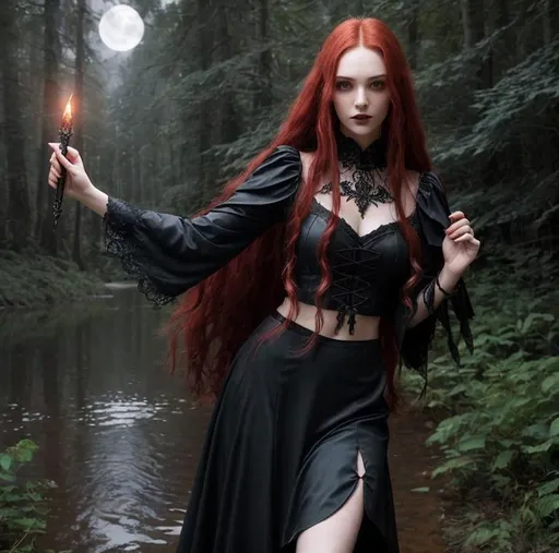 Prompt: Gorgeous perfectly detailed facial features, long legs, sumptuous perfect body, ultra pale, visible midriff, random pose, gothic fantasy, close-up portrait, 

gloomy forest lake, with a dagger in her hand, in a long black gothic dress, long flowing red hair, large reflective red eyes, well dressed, wandering lights, wind, lightning, moonlight, ominous red moon, surreal, symmetrical, intricate details, high detail, 

perfect studio lighting, perfect shading, Professional Photo Realistic Image, RAW, artstation, splash style dark fractal paint, contour, hyper detailed, intricately detailed, unreal engine, fantastical, intricate detail, steam screen, complimentary colors, fantasy concept art, 64k resolution, deviantart masterpiece, splash arts, ultra details, Ultra realistic, hi res, UHD, complete 3D rendering.