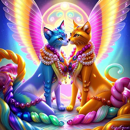 Prompt: high resolution render of a exotic bejewelled fursona::2 in candyland, centered::2 bodies covered in fine wispy tendrils of spun translucent silk, Pearlescent gradient indigo orange and topaz beautiful photorealistic eyes::3 majestic sleek cats with Pearl beaded luminescent wings leaning into one another, backlit, warm tones, night-sky :: by GEORGE ATHERTON, Android Jones, background theme lush garden, airbrush, acryl on marbled paper, global illumination, occlusion, volumetric lighting, wide angle shot, smooth, sharp focus, 128K UHD octane render, pi, fractal, fBm 