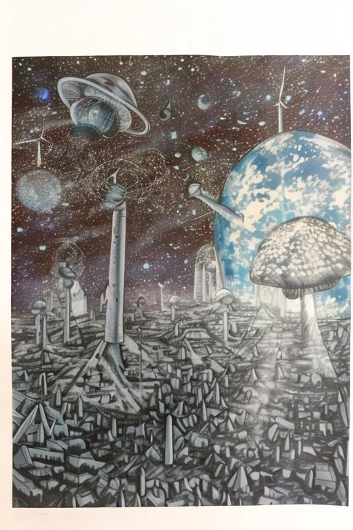 Prompt: Space city, wind turbines, giant mushrooms