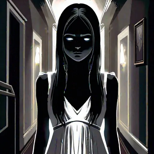 Prompt: concept art of a dark and steamy entity (((putting its hands around the neck of a young girl))) in a corridor, the girl is highly realisting and wears a white nightdress and her face expresses fear and suffering, the entity is threatening, dark, gothic, perfect lightning, accurate anatomy, very fine details, intricate scene, symmetrical facial features, gloomy, highly realistic, trending on Artstation and Unreal Engine, 4K