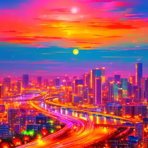 Prompt: city, anime style painting colorful with sunset
