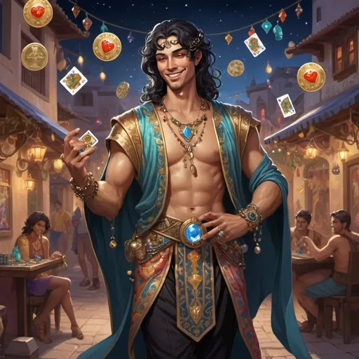 Prompt: Full body, Fantasy illustration of an the male god of thiefes and trade, attractive, celestial, tawny skin-color, black fancy hair decorated with bells, charming expression, flirty smile, decorated playing cards and dice and coins and gems, wearing a colorfull garment, majestic pose, in a nightly town, vibrant colors