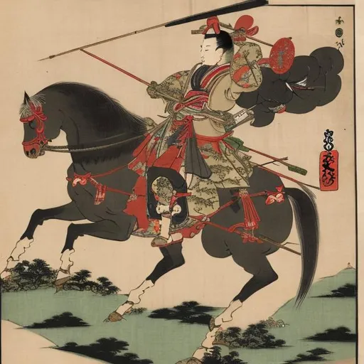 Prompt: Yoshitoshi samurai on horse shot with arrow