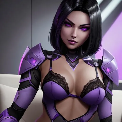 Prompt: Woman with black hair and purple eyes wearing lingerie with a turian 