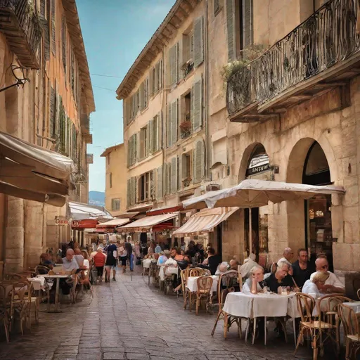 Prompt: market street WITH CAFES in french riviera, photography,