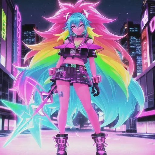 Prompt: Full body neon colorful girl with dark skin and colorful neon makeup with purple and neon red poofy Afro hair wearing punk style colorful neon clothing holding two neon blades in a neon urban themed city