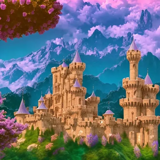 Prompt: Palace, Kingdom, Castle, Mountains, Lavender, flowers, 4k. HD, High Quality, Effects, Glowing.