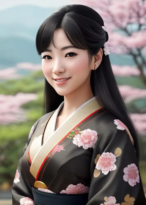 Prompt: Please generate a portrait photo of a beautiful young smilling woman looking at the camera. She is wearing japanese traditional clothes and has her hair in a classic black hair style. Beautiful japan backdrop.  Concept art in a hyper realistic half body portrait, 4K symmetrical portrait, in-focus, trending in artstation, cgsociety, 8k post-processing highly detailed, dramatic, moody lighting, characters 8K symmetrical, artstation, cinematic lighting, intricate details, 8k detail post processing, chiaroscuro --no dof --uplight:1.2), portrait, high detail, realistic, hyperrealistic, premium quality, digital painting, concept art, artistic, portrait