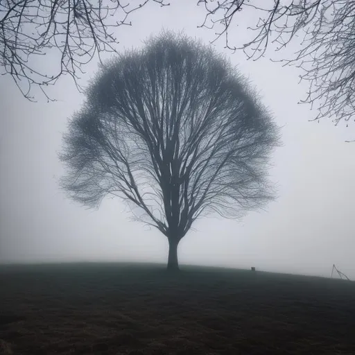 Prompt: Outside with a single tree at day with fog