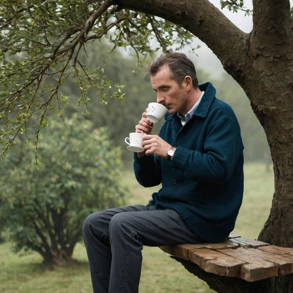 a man sitting on the table on a tree while drinking a cup of tea