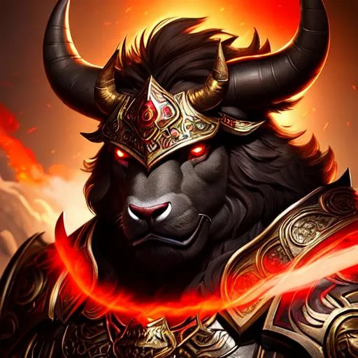 Prompt: an anthropomorphic Bull, mythological creature, large head, red glowing eyes, chest armor, muscled, highly detailed face and fur, dark skin, chiaroscuro, volumetric lighting, d&d character, oil on canvas, intricate detail