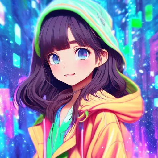 Prompt: anime style, (masterpiece, best quality:1.2), illustration, absurdres, highres, extremely detailed, 1 (petite) girl, blue long hair, golden eyes, eye highlights, (green raincoat), chromatic aberration abuse, pastel color, facing camera, raining, happy, wearing raincoat, dress, zoom-in