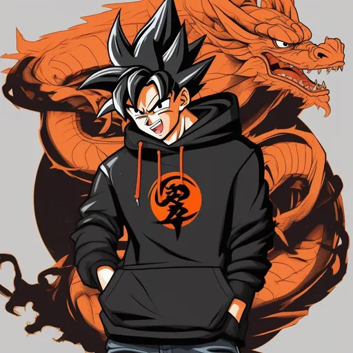 Prompt: Anime Style, Goku, wearing black hoodie with an orange dragon logo and black jeans.