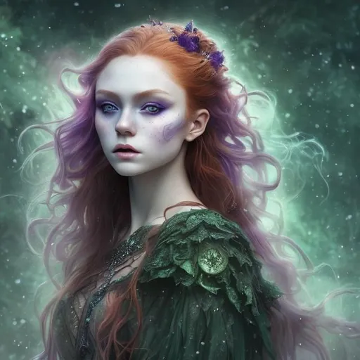 Prompt: Detailed and mystical portrait of a young beautiful witch with ivory clear skin, redhead hair and deep purple eyes. Gorgeous female body, she wears rich green dress, night light, dramatic, plastic pose, frontal, magical, fantasy, 8k, high detailed, dramatic light
