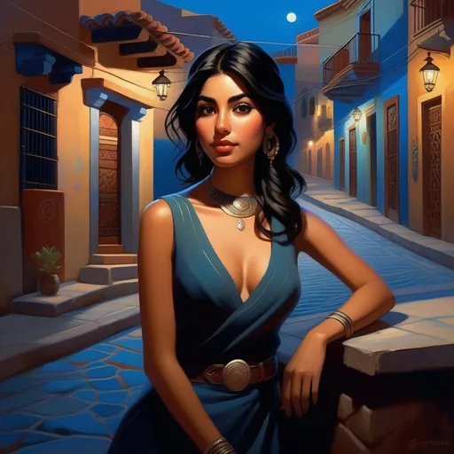 Prompt: Third person, gameplay, Mexican girl, pale olive skin, black hair, brown eyes, modern, Guanajuato at night, blue atmosphere, cartoony style, extremely detailed painting by Greg Rutkowski and by Henry Justice Ford and by Steve Henderson 

