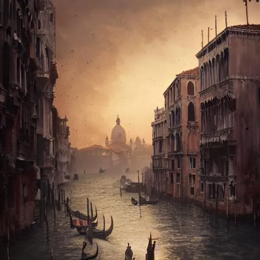 Prompt: venice in a post apocalyptic earth as seen by greg rutkowski, dark theme, enchanted, warm colors, high quality, waw, trending on artstation
