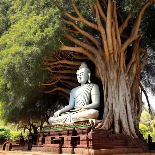 Prompt: budhha statue sitting under a banyan tree side view