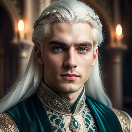 Prompt: platinum white haired Valyrian Prince, detailed facial features, late twenties, medieval fantasy, royal teal and silver royal intricate gown, platinum white straight hair, rich colors, twenty-seven years old, ornate clothing, soft lighting, long face, high quality, intricately braided straight hair, detailed eyes, majestic palace in background, rich colors, soft lighting