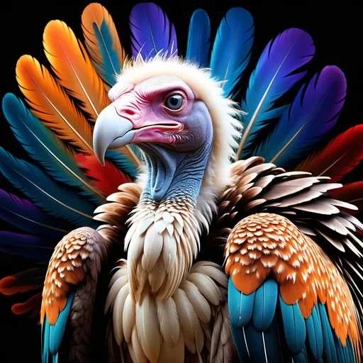 Prompt: (regal looking vulture), (surrealistic style), (vibrant color scheme), extraordinary and spectacular plumage, ornate and imaginative details, dreamlike atmosphere, high contrast vivid hues, intriguing textures and forms, whimsical background elements, soft ethereal lighting, (ultra-detailed), striking visual composition, captivating and mesmerizing appearance.