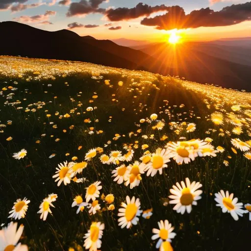 Prompt: 
a big field of daisies on a mountain during a beautiful sunset