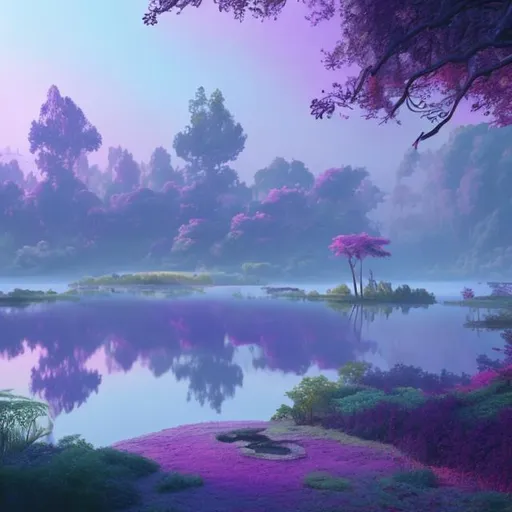 Prompt: Fantasy landscape of a still lake with a purple and blue mist around the edges, background of trees with neon blue leaves