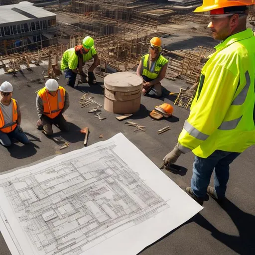 Prompt: Hyper-realistic image of a construction foreman wearing a hard hat and high visibility vest and holding a rolled up set of construction drawings and directing a construction crew all wearing hard hats, high visibility vests, and tool belts on a construction project site. Scene is set from perfect viewpoint, highly detailed, wide-angle lens, hyper realistic, with dramatic sky, polarizing filter, natural lighting, vivid colors, everything in sharp focus, HDR, UHD, 64K