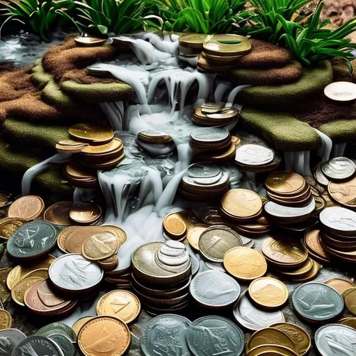 Prompt: Create a visually striking image by arranging coins in a cascading formation, resembling a waterfall. Place plants at the bottom of the cascade, capturing the coins seemingly pouring into the fertile soil below. This image conveys the idea of a continuous and growing stream of savings.