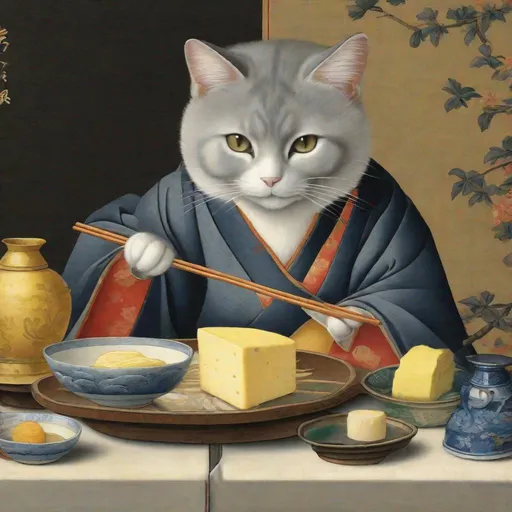 Prompt: 15th Century Japanese painting of a grey cat in Traditional clothing eating butter. Exquisite Detail Everything is perfectly to scale, Aesthetically Brilliant with a cool ambience HD, UHD, 8k Resolution, Vibrant Colorful Award winning 