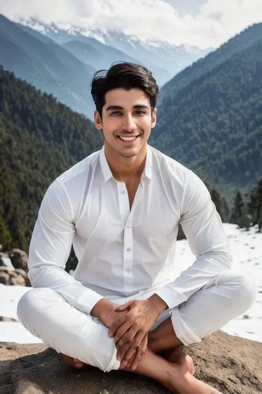 Prompt: a scene of "hyperreal closed eyes", meditation, lost in god,"blissful delhi hyperreal handsome rugged boy", hyperreal stormy snow mountain", smile, white kameez, detailed, hyperreal, sitting, arena, perfect composition, hyperrealistic, super detailed, 8k, high quality, trending art, trending on artstation, sharp focus, studio photo, intricate details, highly detailed, by greg rutkowski
