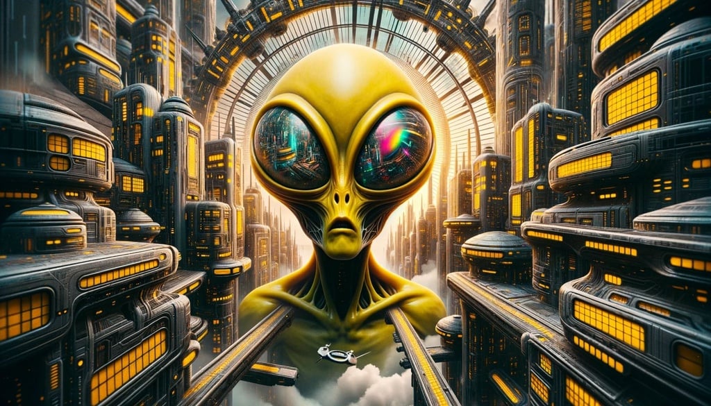 Prompt: Surrealistic digital art of a yellow and black alien, incorporating photobashing techniques, set against a futuristic cityscape reminiscent of cyberpunk aesthetics.